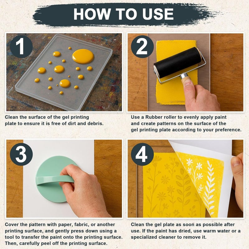 DINGSEN Gel Printing Plate Kit, Complete Printmaking Set with 8” X10” Gel Plate, Brayer, Watercolor Paints, A4 Printmaking Paper, and Essential Tools for Mixed Media Art, Monoprinting, Card Making - Image 4